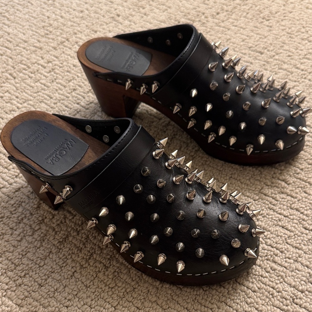 Edgy Black Leather Studded Clogs